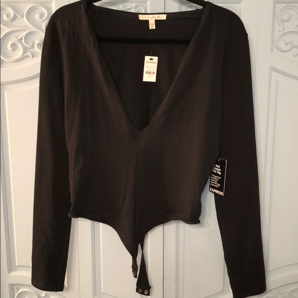 Black long sleeve Express plunge thong bodysuit